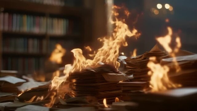 Library Ablaze: Cinematic Depiction of Books Consumed by Fire, Igniting Knowledge