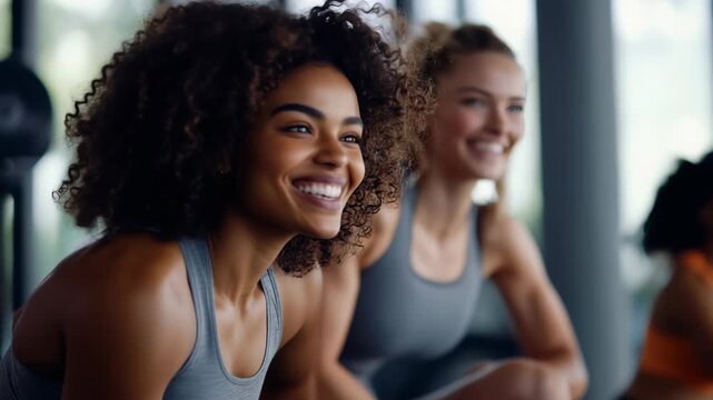 Captured in gym setting, two smiling women are engaged in workout session. One, with dark, curly hair, is in focus, while other is slightly blurred in background.
