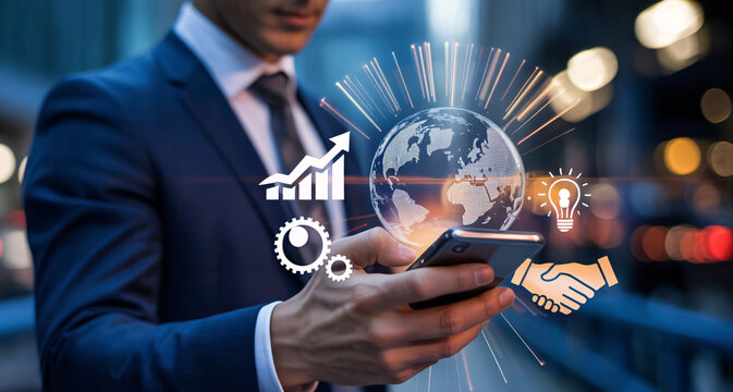 Businessman using smartphone with global business and finance digital interface technology