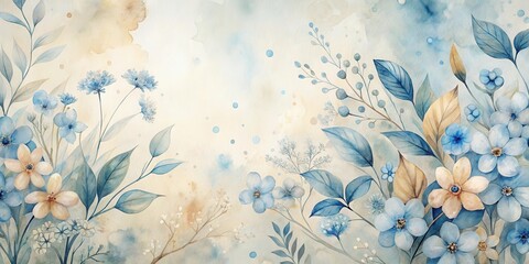 Serene Watercolor Botanical Illustration Featuring Delicate Blue and Beige Flowers and Leaves on a Soft, Textured Background