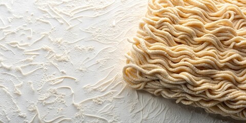 Uncooked wheat noodles resting on a surface dusted with flour