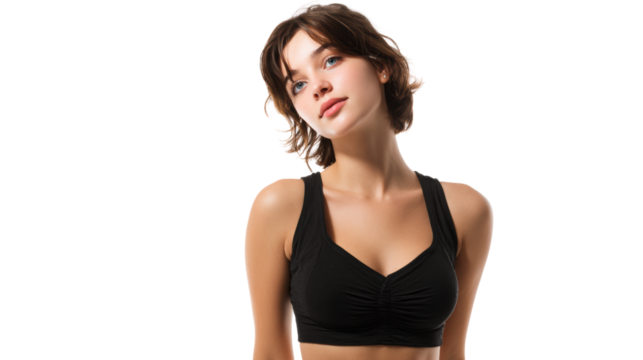 Young woman in black sports top with a relaxed pose against a white background.