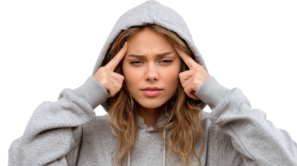 Young woman in hoodie expressing frustration with hands on temples, isolated on white background.