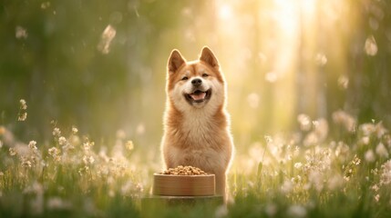 A happy dog sits in a sunlit meadow with a bowl of kibble, surrounded by wildflowers and warm, golden light.