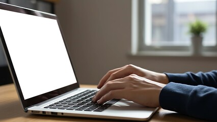 Fototapeta premium Hands typing on a laptop keyboard with a blank white screen, close-up side view, ideal for productivity, remote work, and digital content creation