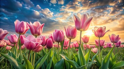 Serene Sunset Illuminates a Field of Delicate Pink Tulips, Their Petals Glowing in the Golden Hour Light