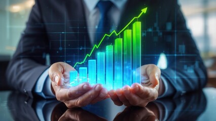Businessman holding a 3D bar graph