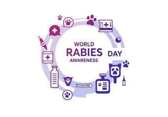 Promote World Rabies Awareness with essential medical icons, veterinary care, and vaccination messages for global health campaigns