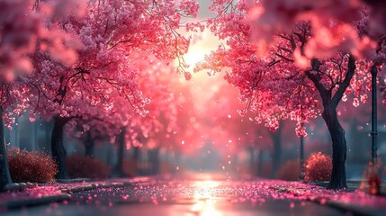 Pink cherry blossoms in a park at sunset