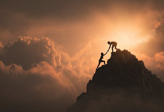 Two figures, silhouetted against a dramatic sunset, one helping the other climb a mountain peak