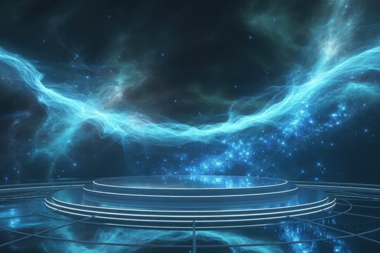 Experience the future with this stunning cosmic stage illuminated by vibrant nebula and glowing stars, perfect for futuristic presentations or science fiction themes.