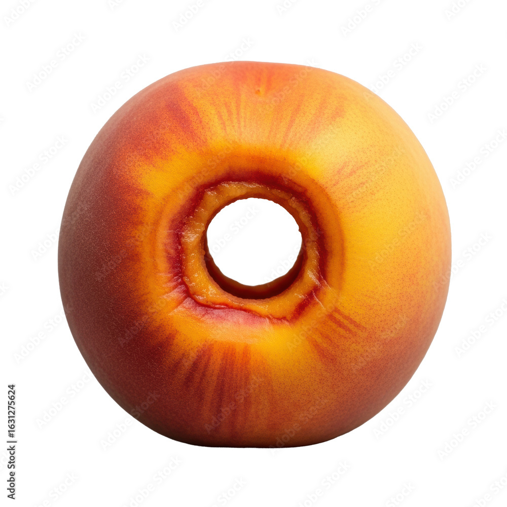 Poster ripe peach with warm gradients, fuzzy skin, and a precise drilled hole through a textured bruise, is