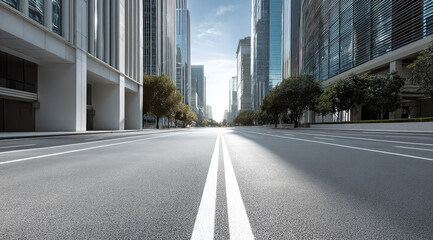 Clean city street with smooth asphalt modern tall building glass facade green tree bright daylight urban scene empty road peaceful atmosphere