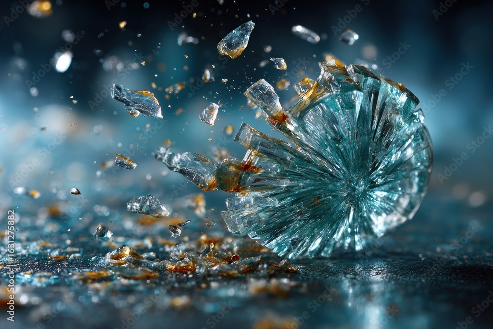 Poster fragmented glass explodes into fine shards, reflecting light in an abstract composition, creating a 