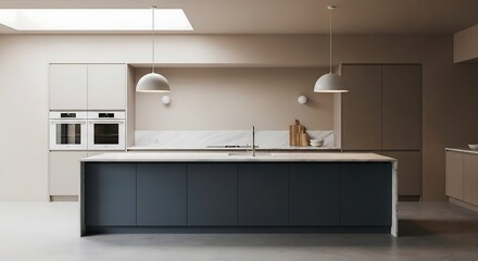 Fototapeta premium Steel blue matte island kitchen with marble waterfall top, open interior styling for bold editorial visuals