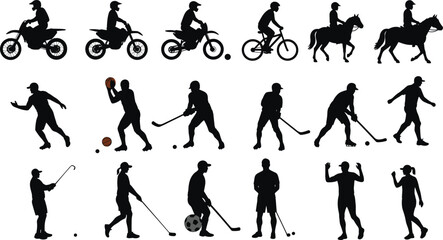 Silhouettes of sports activities, motorcycle riding, horse riding, cycling, basketball, hockey, soccer, golf, athletic motion, dynamic action, outdoor fitness
