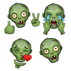 Collection of zombie emoticons with different expressions isolated on transparent background