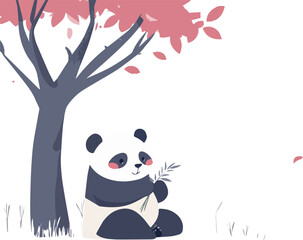 Cute Panda Bear Sitting Under a Tree with Falling Leaves Vector Illustration for Childrens Books and Nature Themes