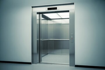 Modern stainless steel elevator interior ready for passengers, conveying progress and efficient vertical transportation in contemporary buildings