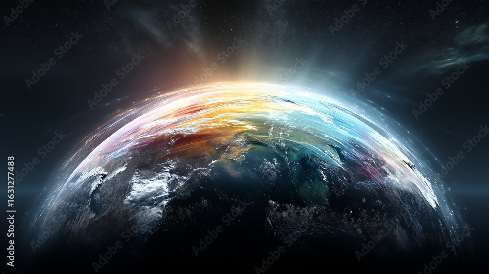 Poster a colorful earth view from space with light emanating from the horizon