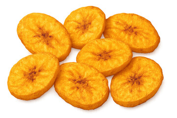 Close-up of crispy and flavorful dried banana chips, offering a healthy and convenient snack option with a transparent background for easy integration into designs