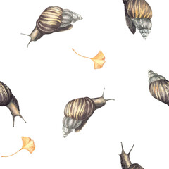 Watercolor Snail with ginkgo leaf seamless pattern. Slug design realistic hand painted illustration. Cochlea with yellow gingko leaves. Clipart for fabric, cosmetic packaging Isolated from background.