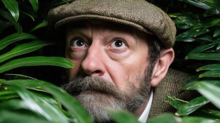 Man peering through lush green foliage with curious expression