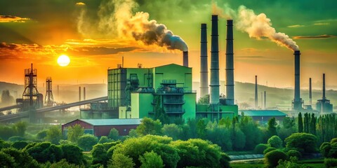 Industrial Sunset A Complex of Manufacturing Plants with Plumes of Smoke Rising Against a Vibrant Sky