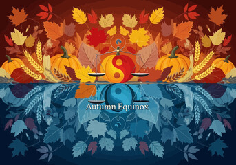 Symbolic Autumn Equinox Illustration with Scales, Pumpkins, and Colorful Leaves Design