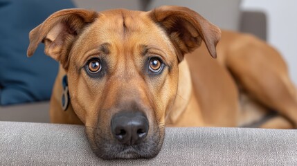 Obraz premium Sad dog lying on sofa with expressive eyes and relaxed posture