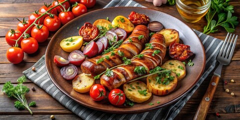 Grilled sausages with roasted vegetables and herbs on a rustic wooden table