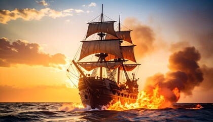 Obraz premium A majestic sailing ship engulfed in flames at sunset, creating a dramatic and fiery scene on the ocean