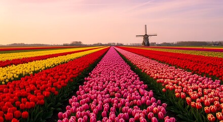Blooming tulip field under pastel sky with single windmill in background, spring landscape photography in the Netherlands, romantic and colorful visual