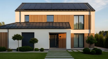 Fototapeta premium Modern solar panels on angled zinc roof of white smart home, golden hour eco-architecture photography for luxury residential visuals