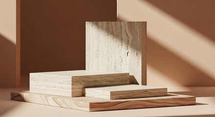 Travertine stone podium on sandstone base, curved wall backdrop with Mediterranean light for luxury product branding visuals