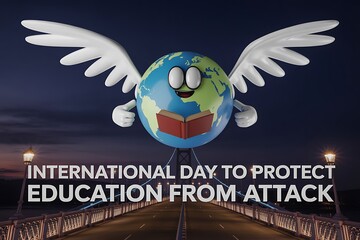 Whimsical winged Earth character holding an open book, flying over a bridge at dusk, symbolizing global education protection and awareness.