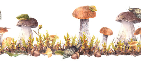 Snail on cap of porcini and boletus mushroom with forest moos seamless border. Watercolor nature scene with slug, fungi and autumn leaves. Watercolor hand drawn illustration isolated from background