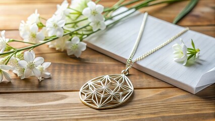 Elegant pendant necklace with geometric design rests on wooden surface beside delicate white blossoms and a blank notepad