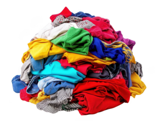 A large pile of colorful assorted clothing items isolated on transparent background