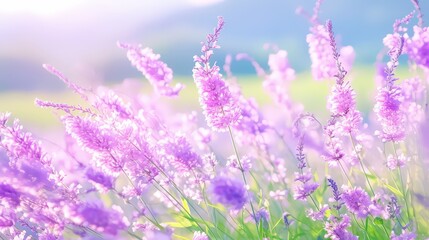 Fototapeta premium A field of tiny purple reed flowers flowerurishing in th