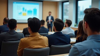 Business presentation in a modern conference room. A professional male speaker shows data charts on screen while business people attentively listen during a seminar or team meeting.