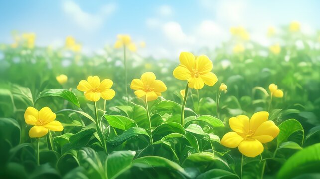 A field of yellow peanut flowers peeking through thic
