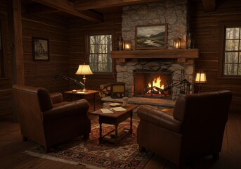 Cozy living room with fireplace and armchairs on a winter evening