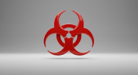 A clean, 3D render of a red biohazard symbol on a soft gray background with subtle reflection