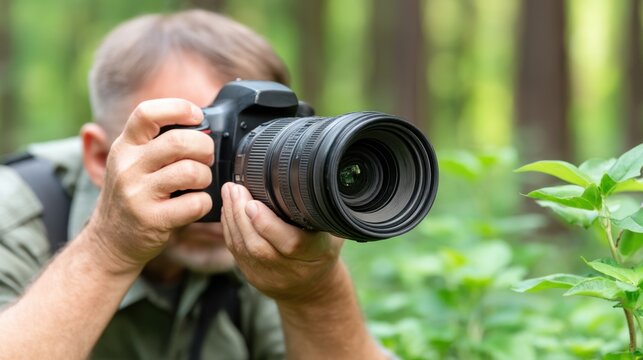 Photographer taking picture outdoors in a lush green forest environment