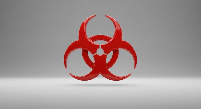 A clean, 3D render of a red biohazard symbol on a soft gray background with subtle reflection - Powered by Adobe