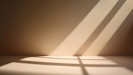 Sunlight creating palm leaf shadows on warm beige wall. Clean and cozy background.
