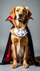 Halloween Dog Portrait Golden Retriever Dressed as a Vampire with Satin Lined Cape and White Ruffles