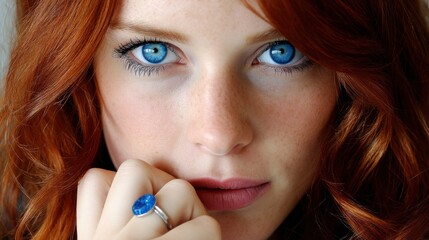 Woman with striking blue eyes and red hair looking directly at the camera