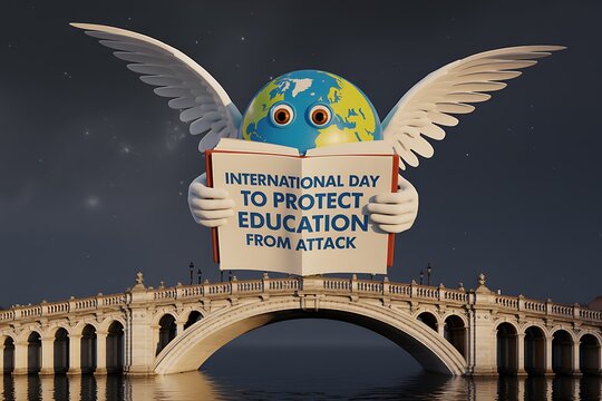 Global education advocate with wings holds book promoting learning protection against attacks, set against a serene night sky and bridge. - Powered by Adobe